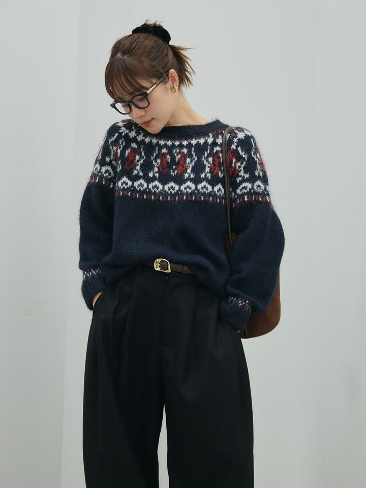 【Allure】[SET]ノルディック柄モックネックオーバニットプルオーバー+モックスカルゼサイドタックコクーンパンツ(2set)