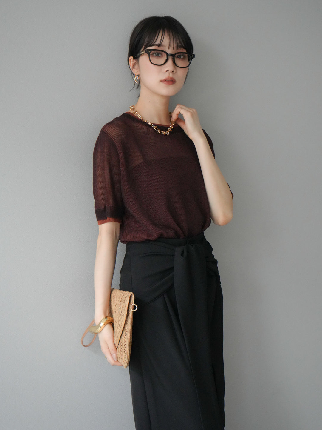 [SET]リネンタッチ配色二重臼ハーフニットトップス+ウエスト巻きデザインワイドパンツ(2set)