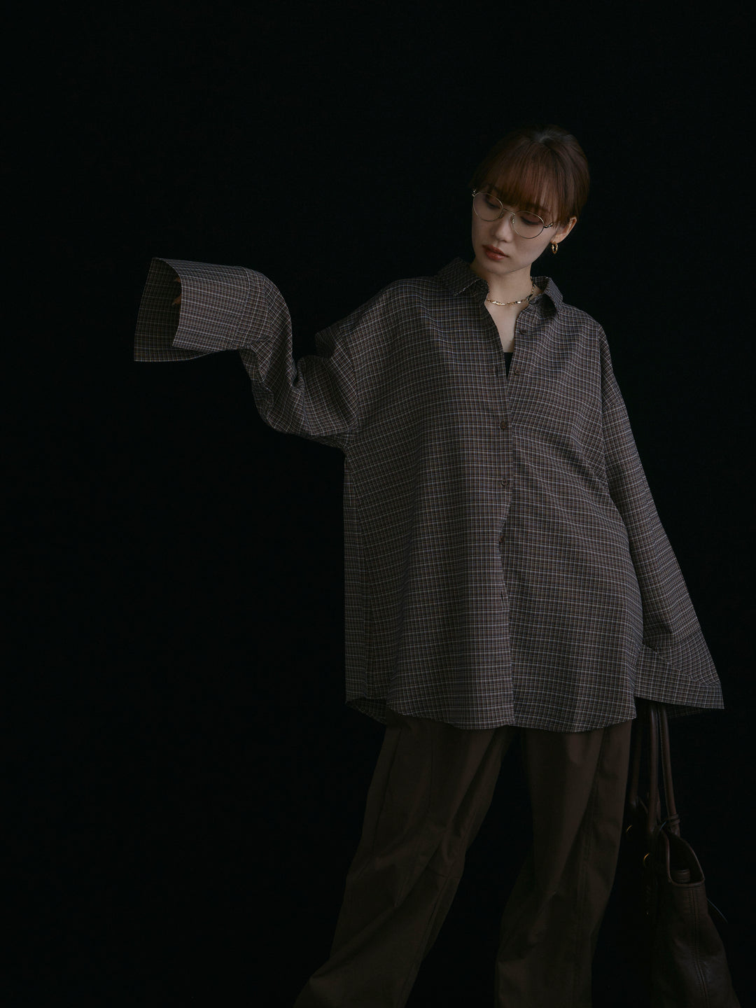 【Allure】[SET]チェックBIGカフスオーバーシャツ+タフタワイドカーブパンツ(2set)
