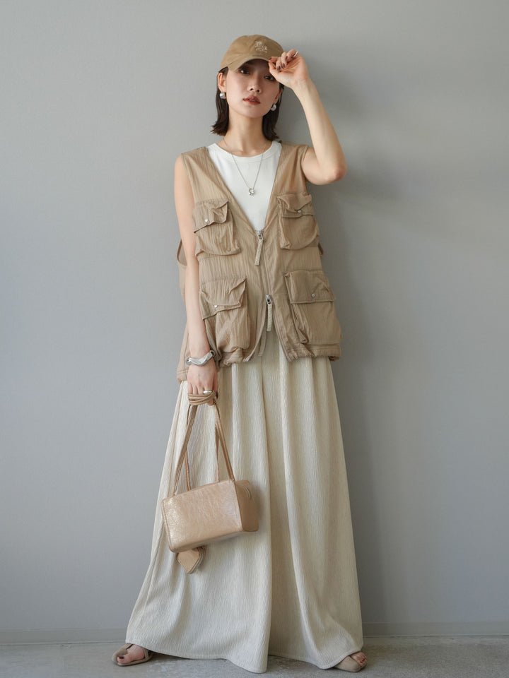 [預購] 尼龍大口袋透視背心/米色