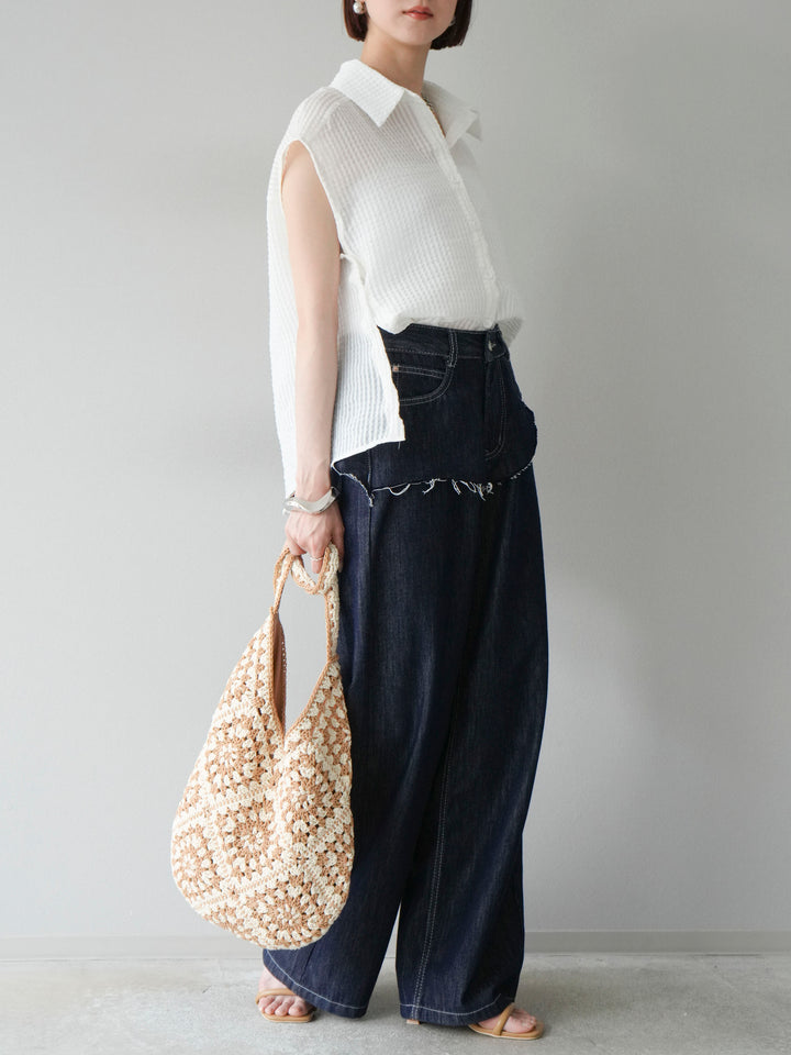 [SET] 透視格紋無袖襯衫 + 臀部設計牛仔褲（2 套）