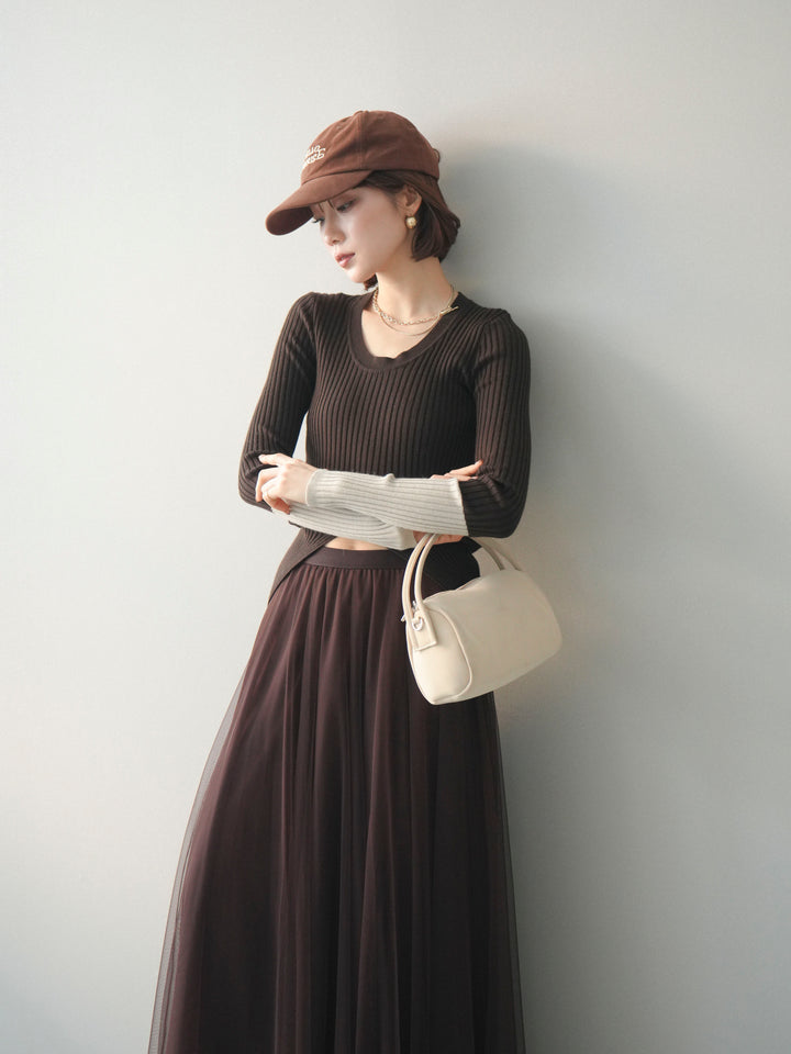 [予約]袖配色ランダムリブフロントスリットニットトップス/brown