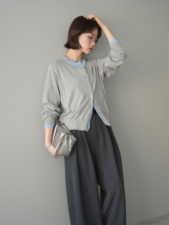 [予約]配色レイヤードコットンアクリルニットカーディガン/mokugray