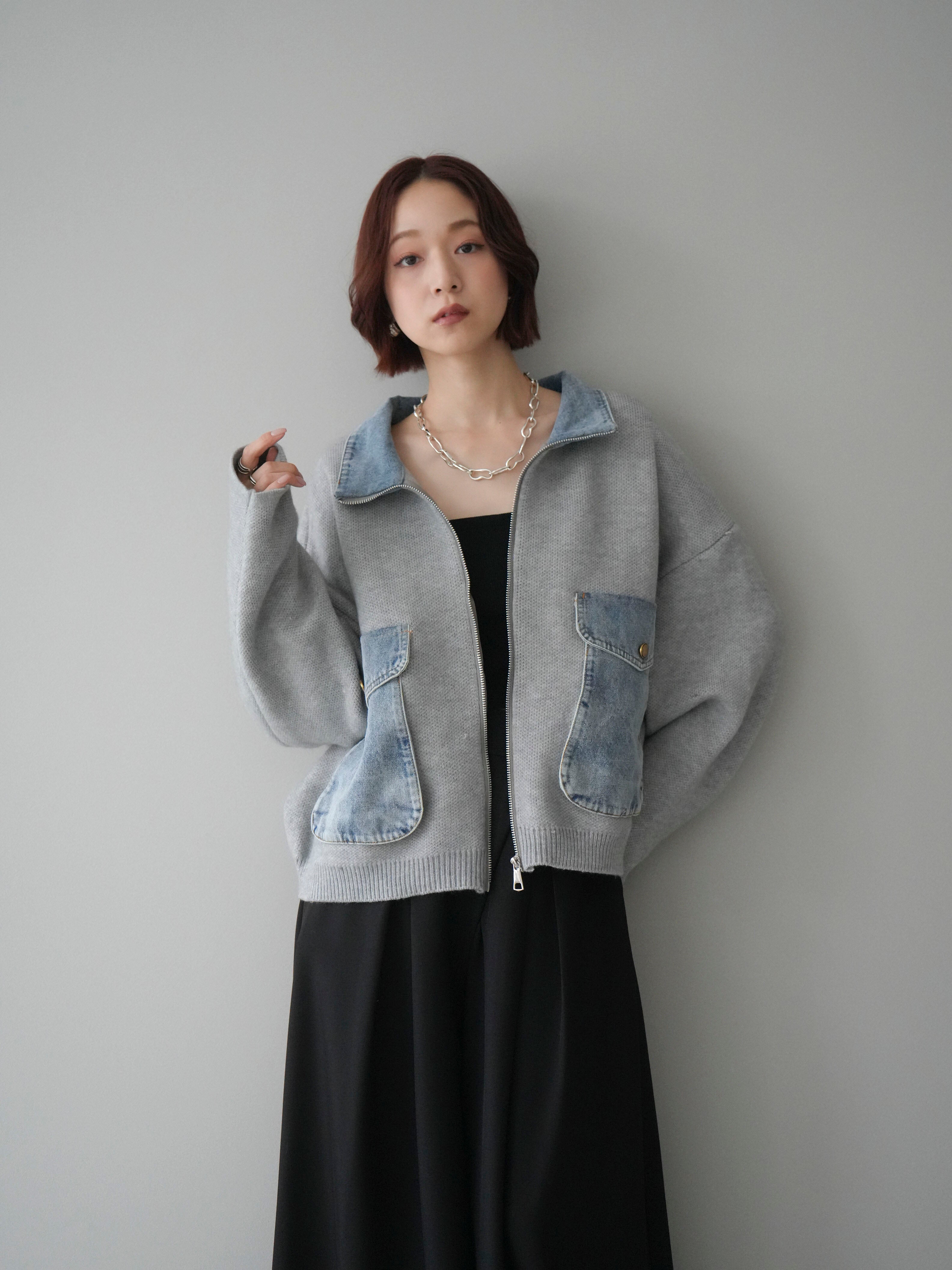 SET]デニムドッキングジップニットカーディガン+デニムドッキング