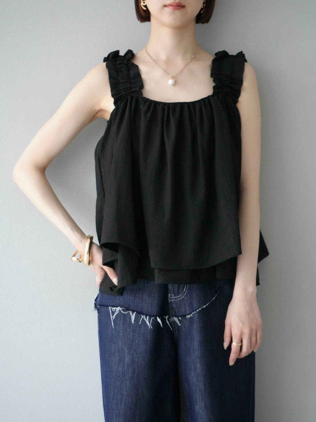 [予約]ギャザーショルダーフレアタンクトップ/ブラック