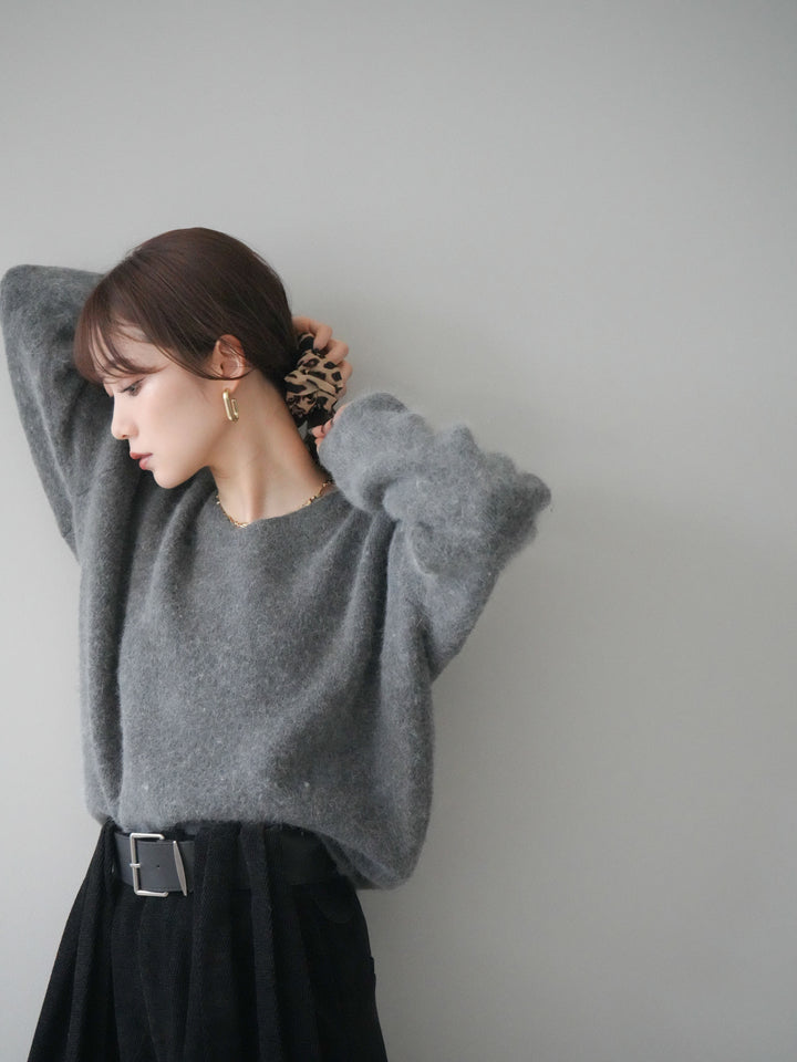 [SET]シュシュ付きアンゴラタッチVネックニットプルオーバー+ベルトデザインループコールテンワイドパンツ(ベルト付き)(2set)