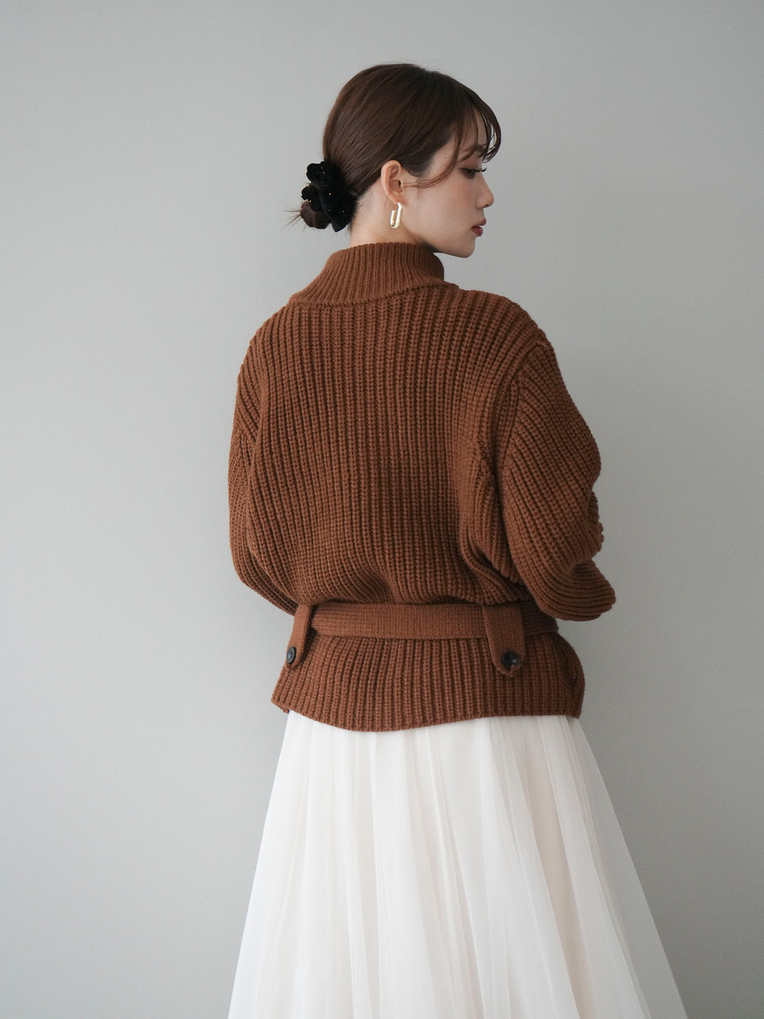 [予約]畦編みボトルネックZIPニットカーディガン/brown