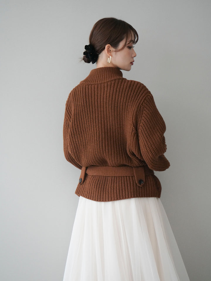 [予約]畦編みボトルネックZIPニットカーディガン/brown