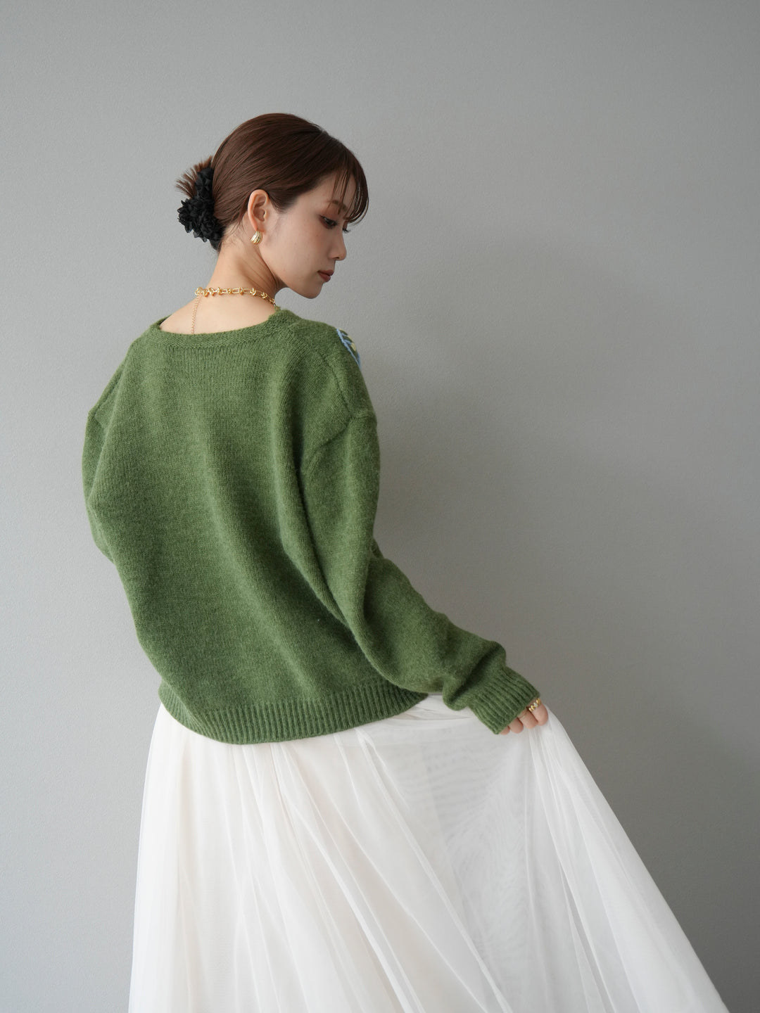 [予約]フラワー刺繍ニットカーディガン/グリーン