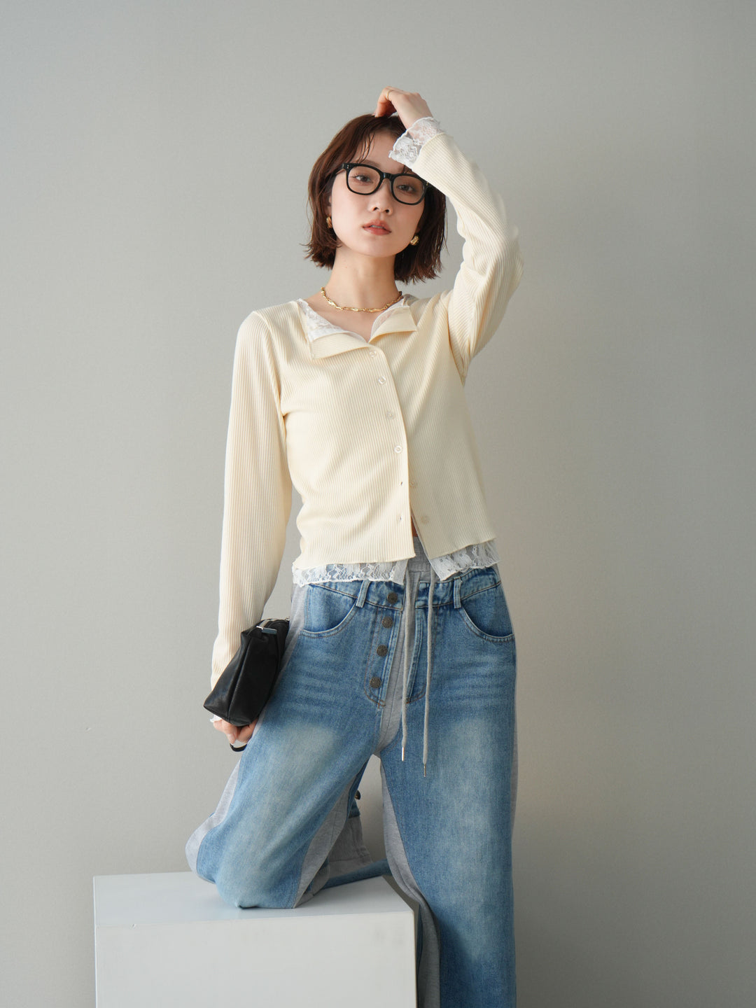 [SET]レースドッキングテレコリブカーディガン+デニム切替スウェットパンツ(2set)