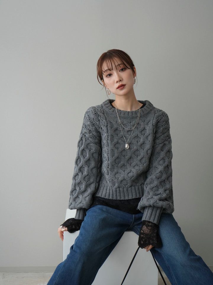 【着回しセット】[SET]バルキーケーブルクロップドニットプルオーバー+アンゴラタッチクルーネックニットプルオーバー+チュールレーストップス(3set)