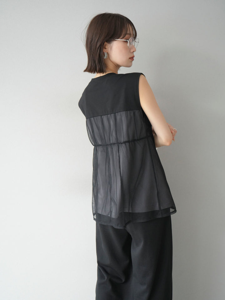 [預購] 薄紗對接鉤設計剪裁套頭衫/黑色