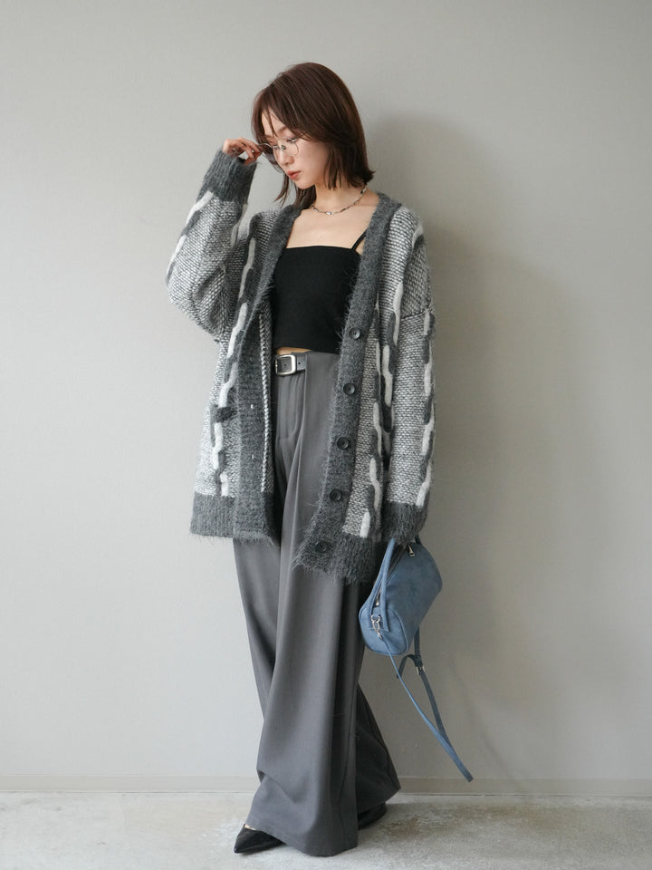 [SET]バイカラー編み込みデザインニットカーディガン+ベルトループデザインワイドパンツ(2set)