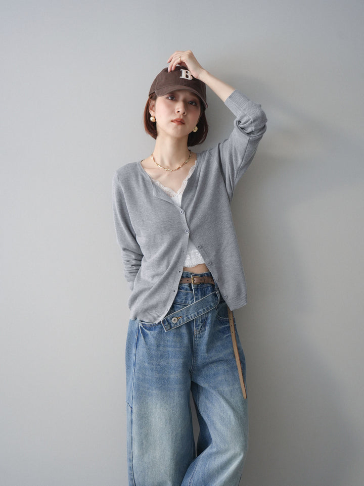 [SET]レースレイヤードニットカーディガン+アシメデザインワイドデニムパンツ(2set)