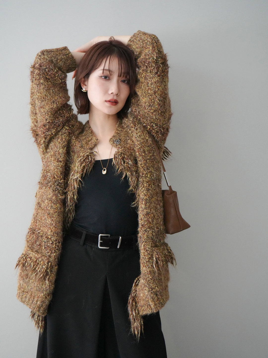 [予約]ミックスヤーンフリンジデザインニットジャケット/brown