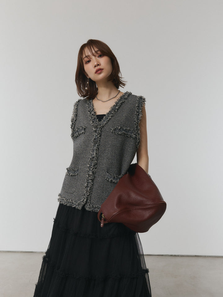 [予約]アンティークボタンツイードフリンジニットベスト/ブラック