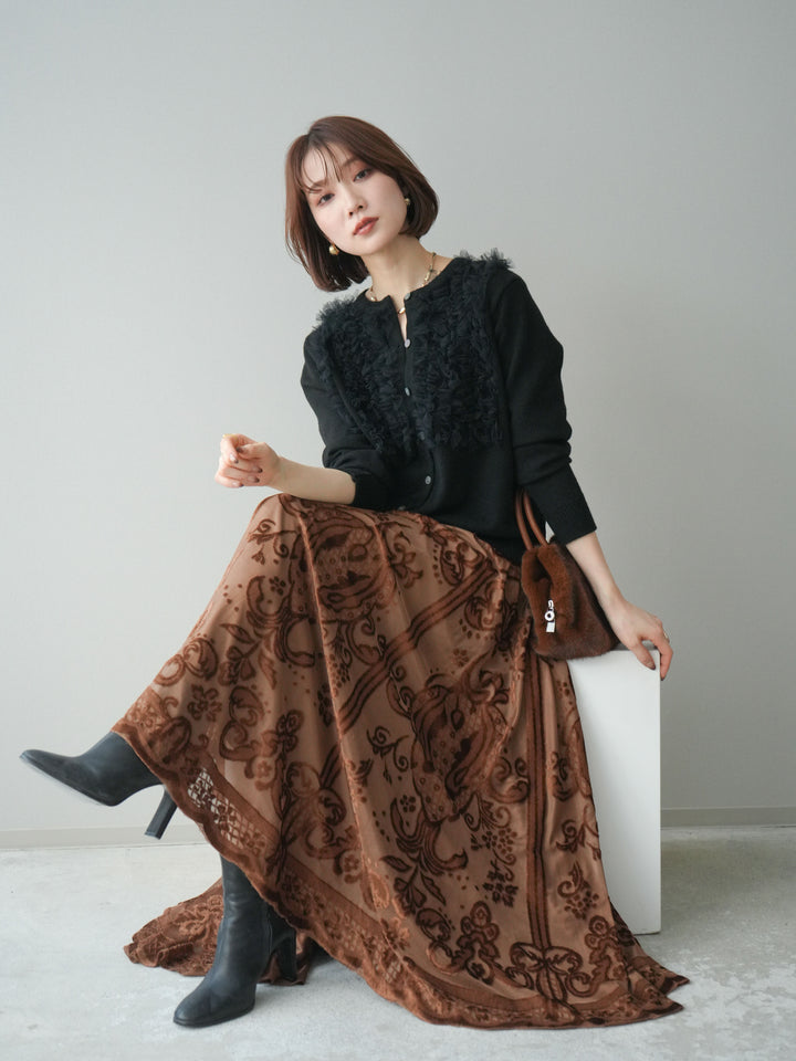 [SET]チュールフリルニットカーディガン+アンティーク柄フロッキーマキシスカート(2set)