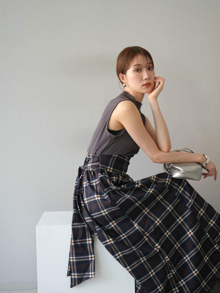 [予約]テレコ×チェックドッキングノースリワンピース/モカ×ネイビー