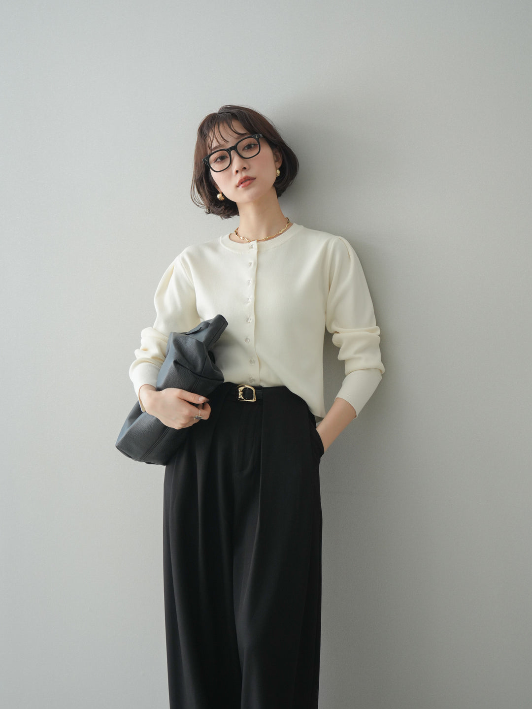 [SET]クリアボタンタックニットカーディガン+ベルトループデザインワイドパンツ(2set)