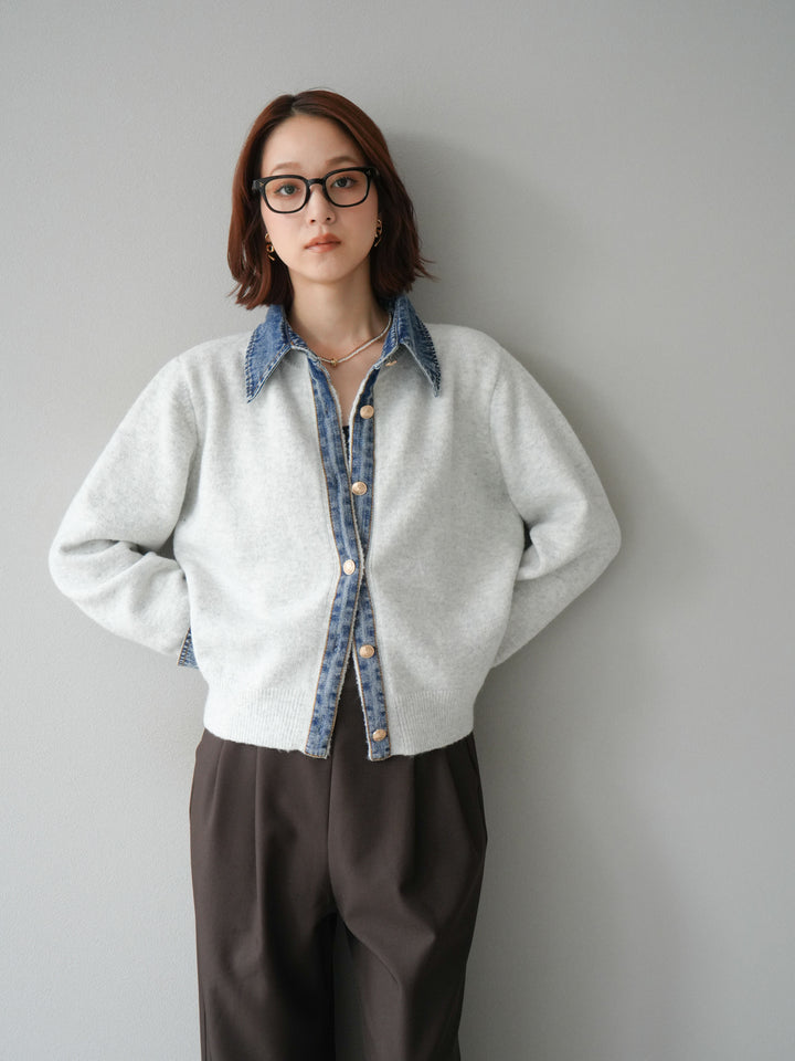 [SET]デニム襟ボタンニットカーディガン+エステルタックワイドパンツ(2set)