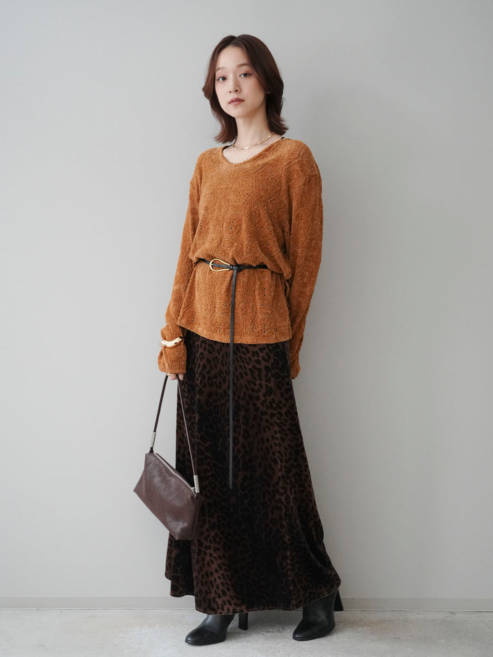 [SET]モール透かし編みニットトップス+レオパードベロアナロースカート(2set)