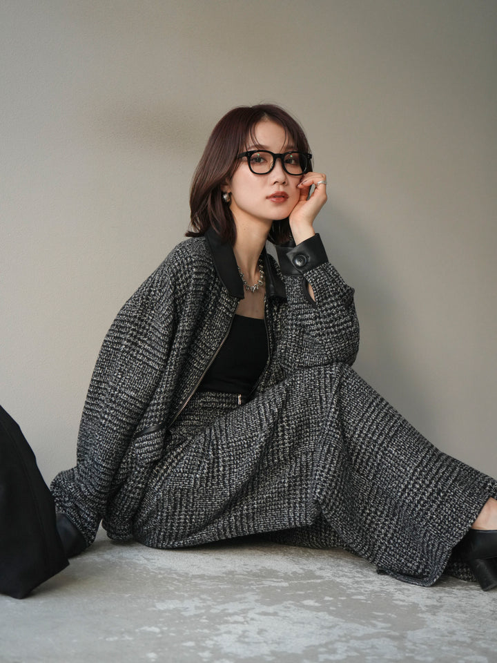 [予約]レザー襟ミックスツイードジャケット/black