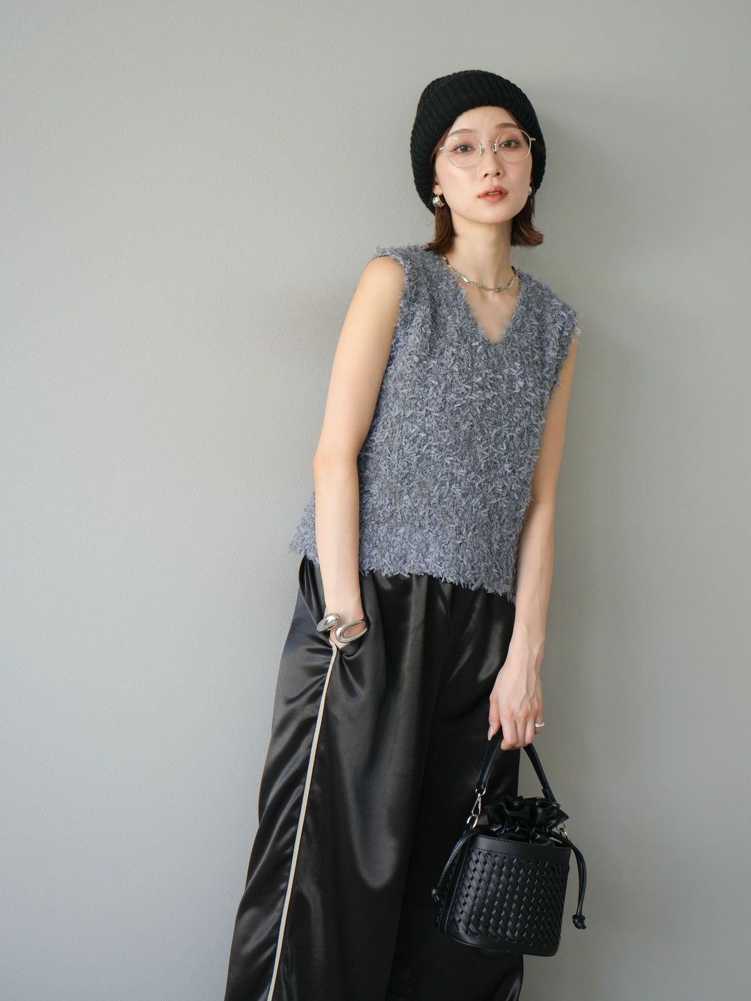 [予約]テープヤーンフリンジニットベスト/グレー