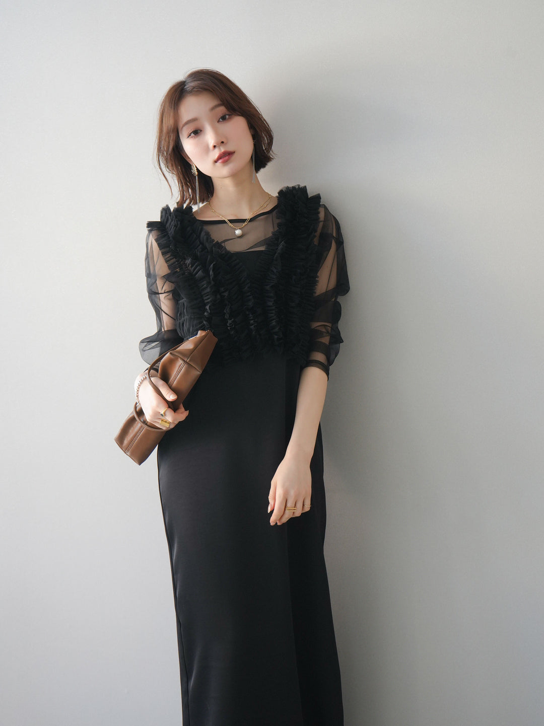 [予約]チュールフリルアンサンブルキャミソールドレス 3点SET/black