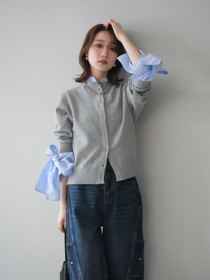 [予約]ウールライクリボンシャツカーディガン/gray