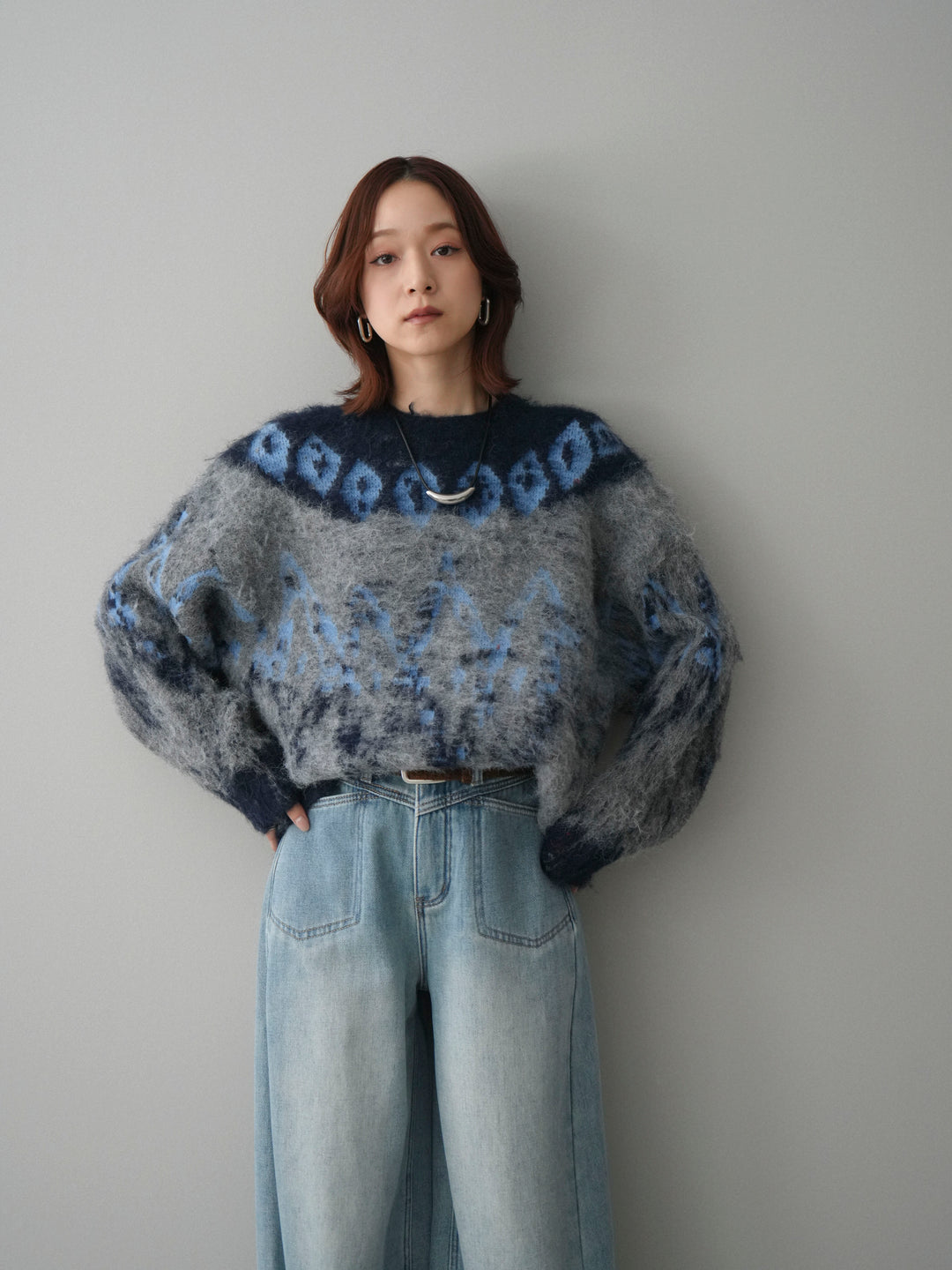 [SET]シャギーニュアンス柄ニットプルオーバー+ベルト付裏起毛カーブデニムパンツ(2set)