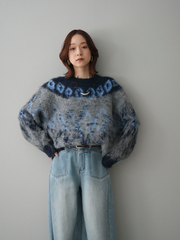 [SET]シャギーニュアンス柄ニットプルオーバー+ベルト付裏起毛カーブデニムパンツ(2set)