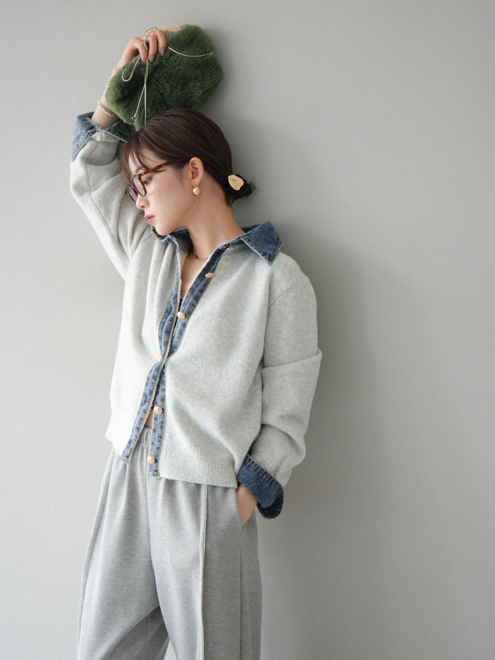 [SET]デニム襟ボタンニットカーディガン+2WAYデザインスウェットパンツ(2set)