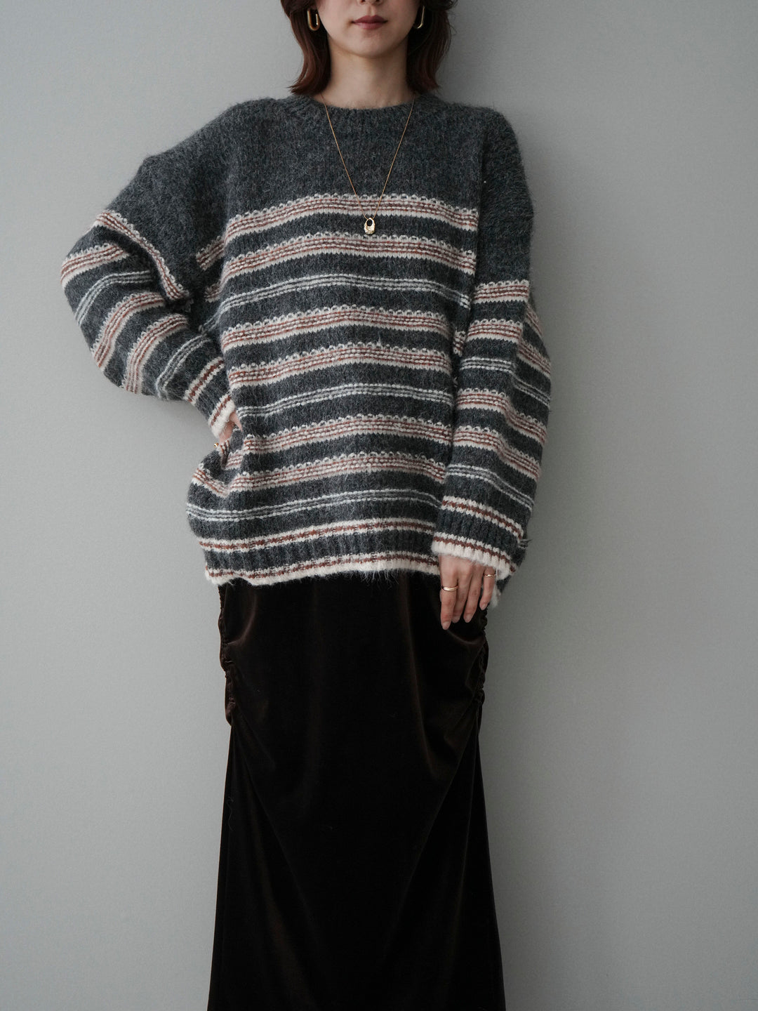 [SET]ステッチボーダーニットプルオーバー+選べるアクセセット(2set)