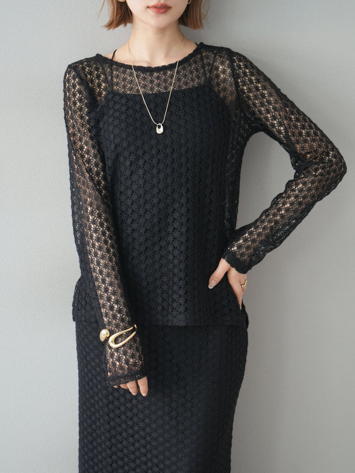 [予約]透かし編みトップス/ブラック