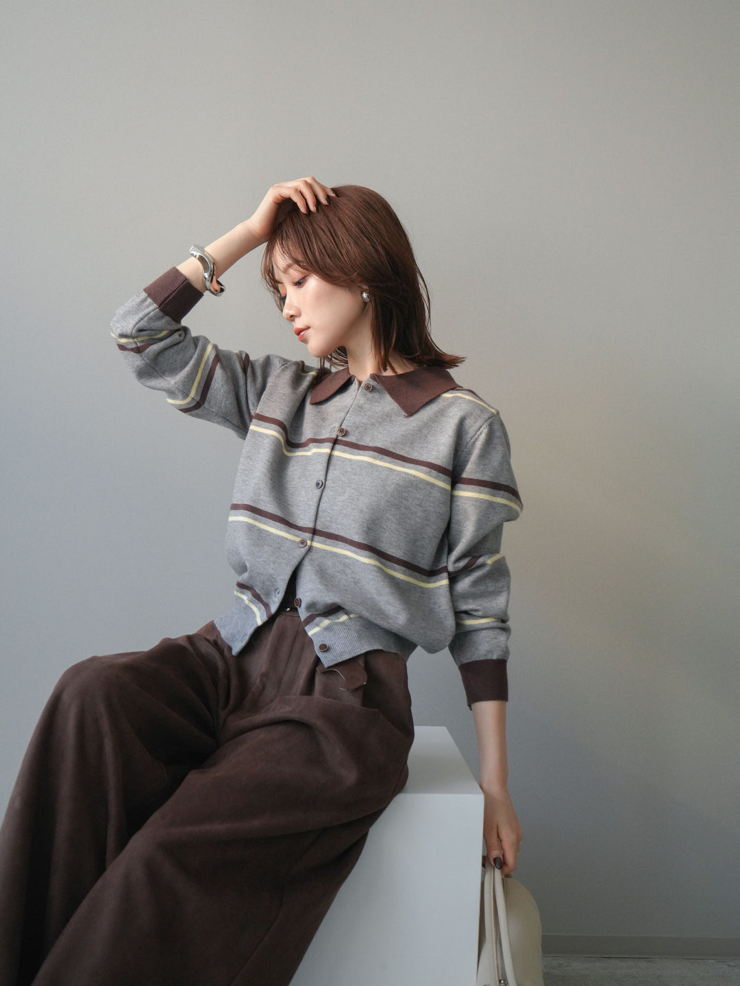 [予約]配色マルチボーダーポロニットカーディガン/gray