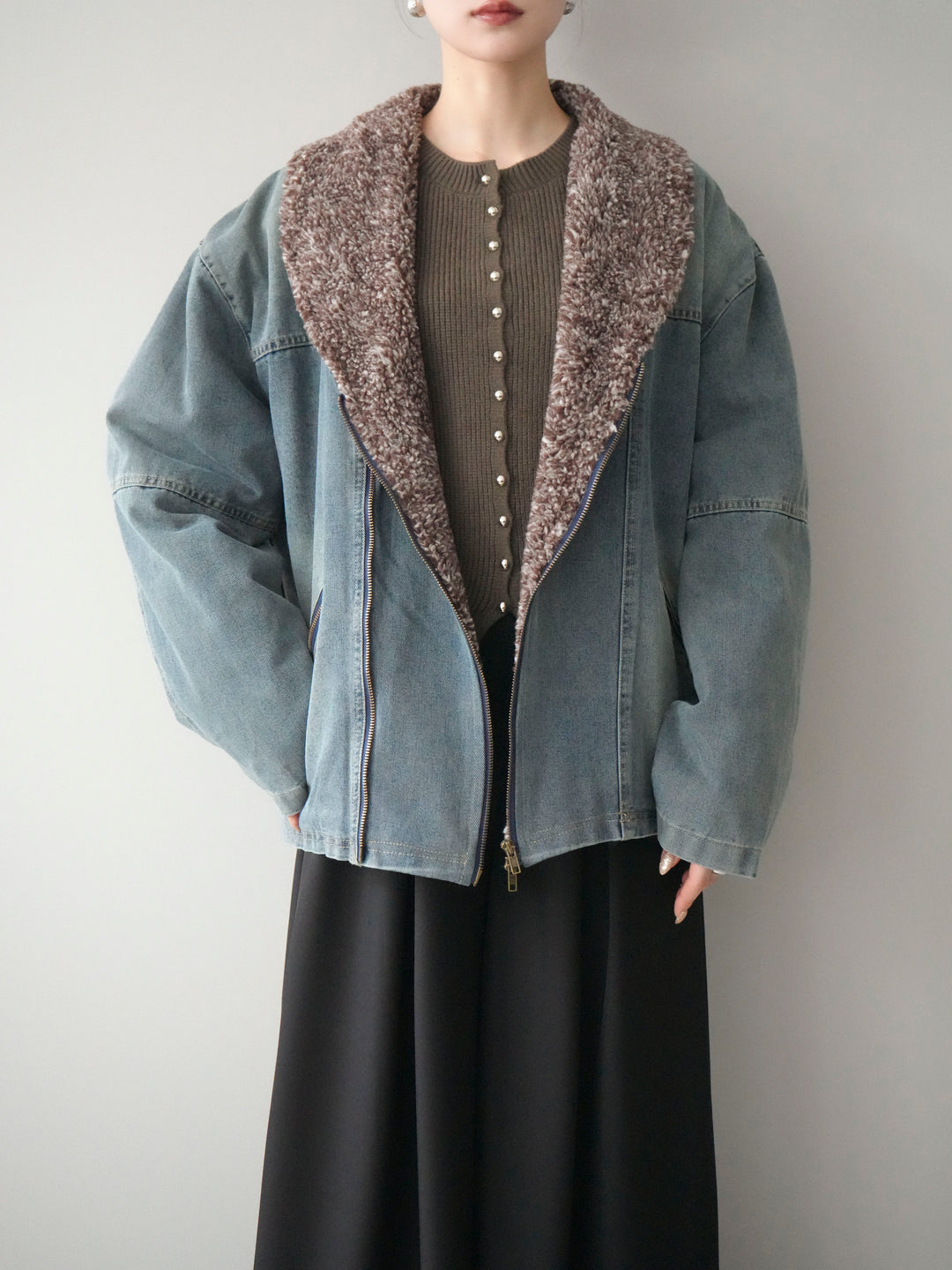 [SET]ミックスボアデニムジャケット+シルバーボタン畦編みニットカーディガン(2set)