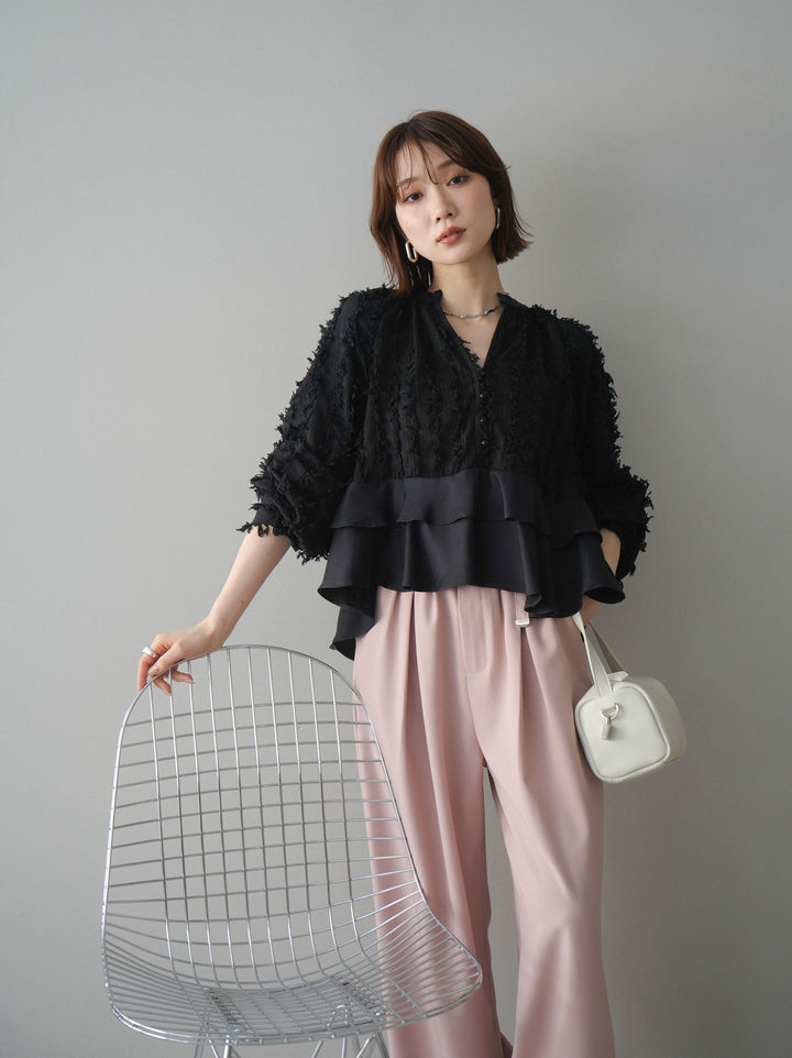 [SET]ジャガードぺプラムフリルブラウス+ベルト付キーホルダーモチーフワイドパンツ(2set)