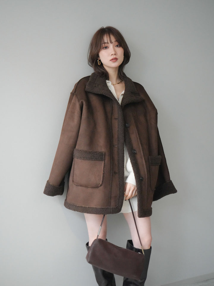 [SET]ポロニットプルオーバー＆ショートパンツSET UP+スタンドネックフェイクムートンミディアムコート(2set)