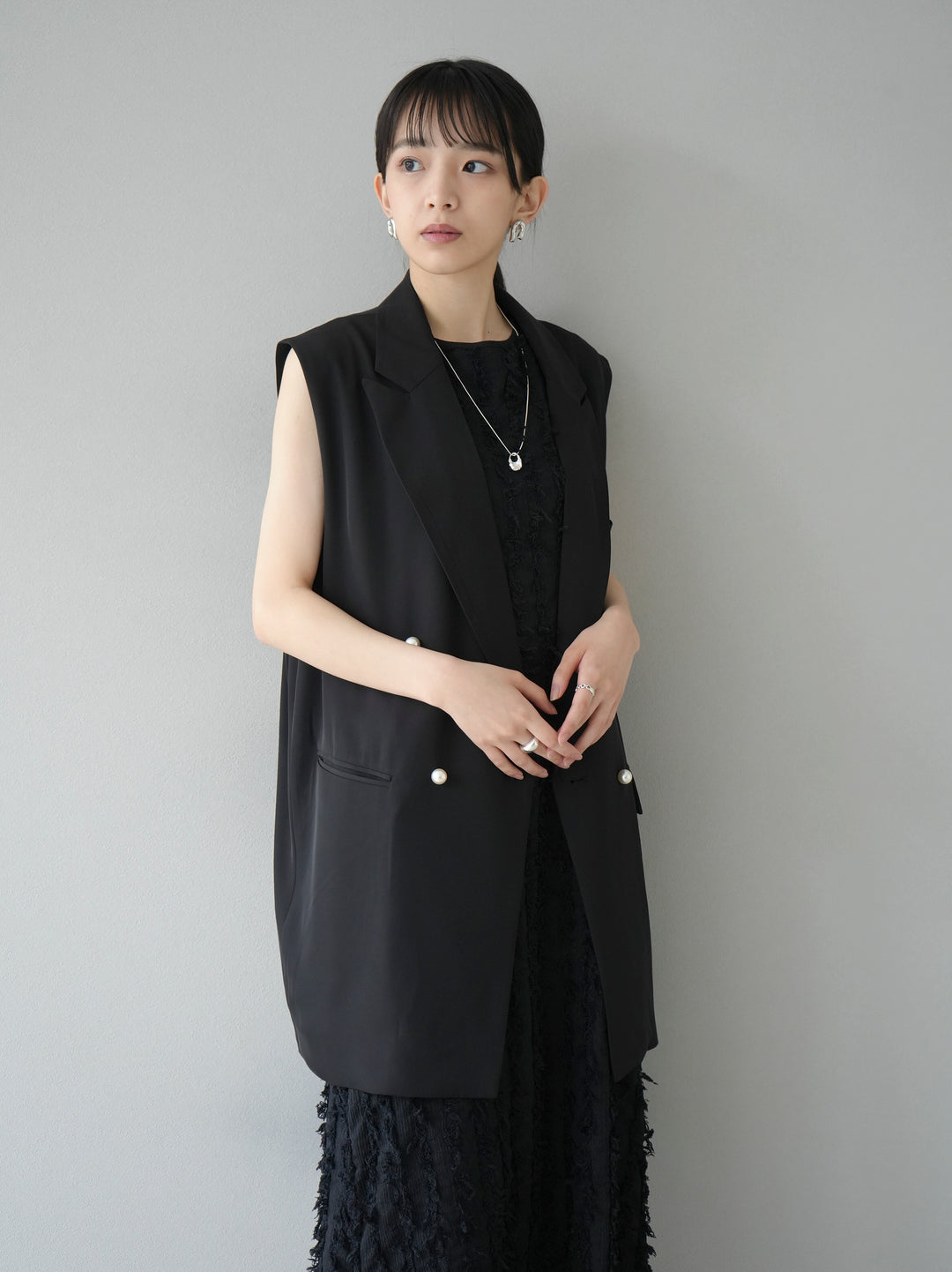 [Pre-order] Fringe Jacquard Stretch Sleeveless Dress/Black