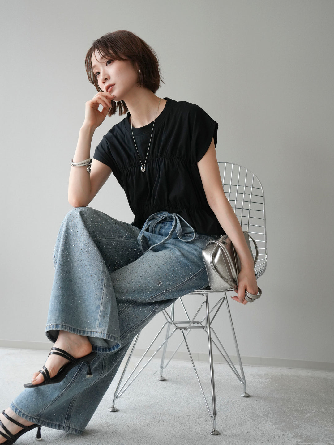 [SET]ギャザーフレンチスリーブカットソー+選べるアクセセット(2set)