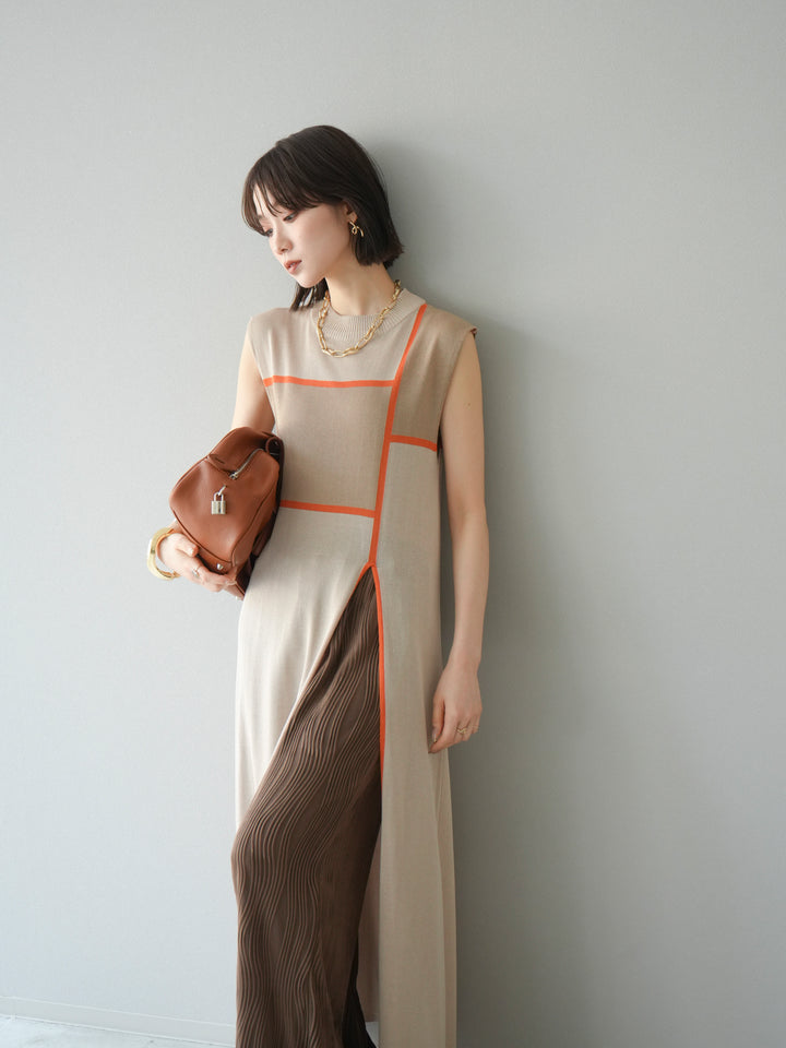 [SET] 配色開衩針織洋裝 + 波浪滾邊休閒褲 (2件套)