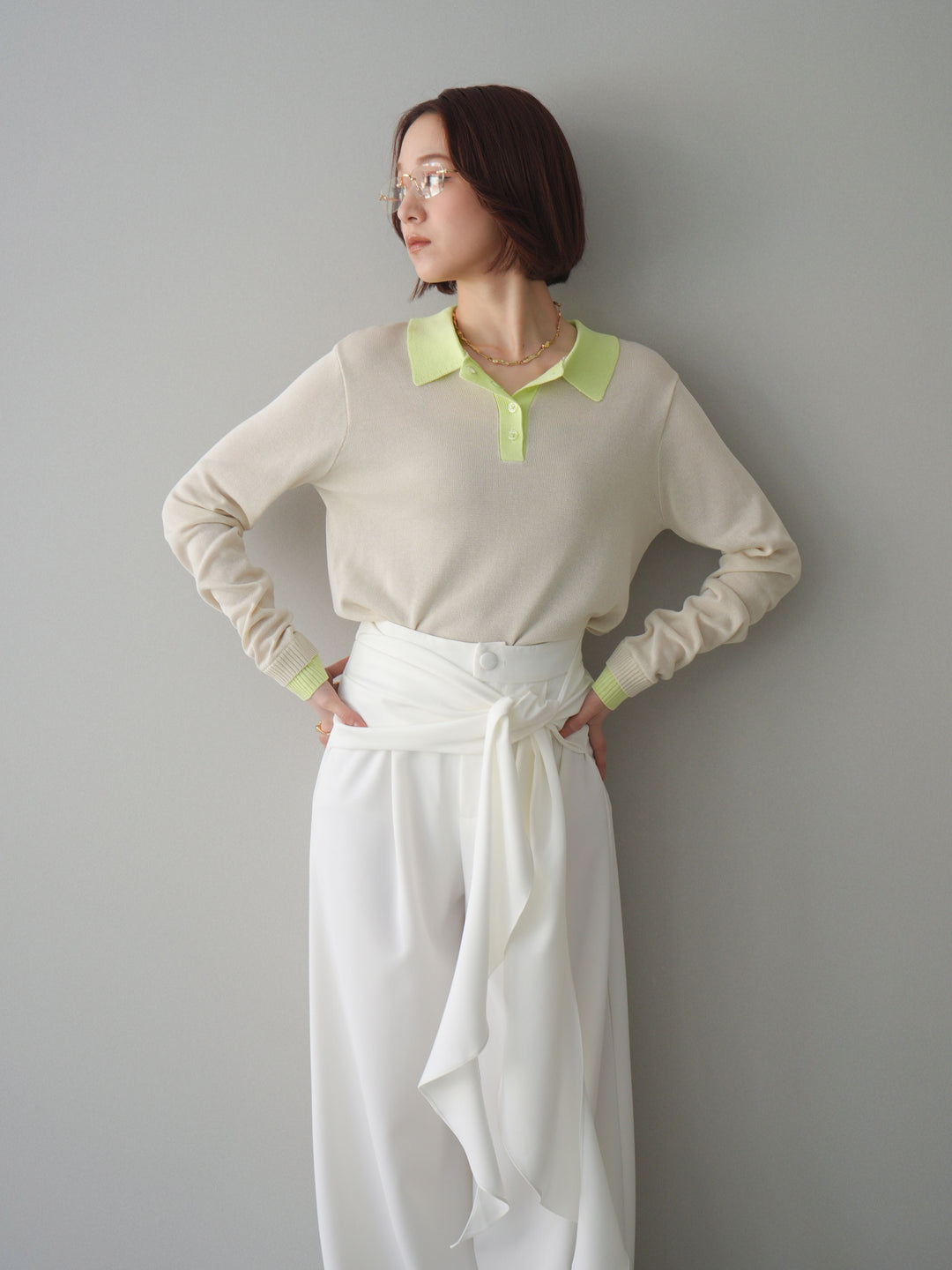 [SET]配色デザインシアーポロニット+ラッフルベルトワイドパンツ(2set)