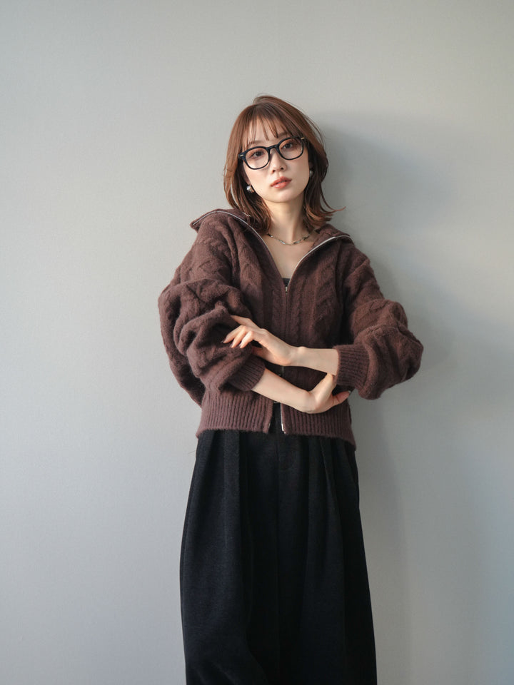 [SET]ケーブル編みハイネックZIPニットカーディガン+ベルトデザインループコールテンワイドパンツ(ベルト付き)(2set)