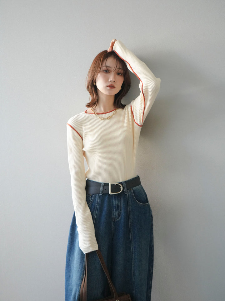 [SET]バイカラークルーネックリブニットトップス+選べるアクセセット(2set)