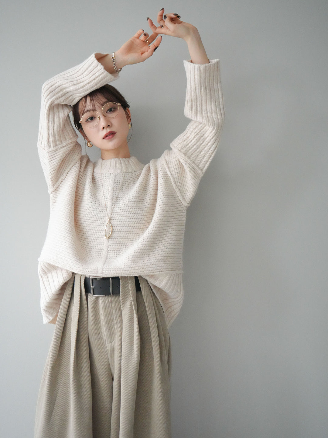 [SET]編み地切替ボトルネックニットプルオーバー+ベルトデザインループコールテンワイドパンツ(ベルト付き)(2set)