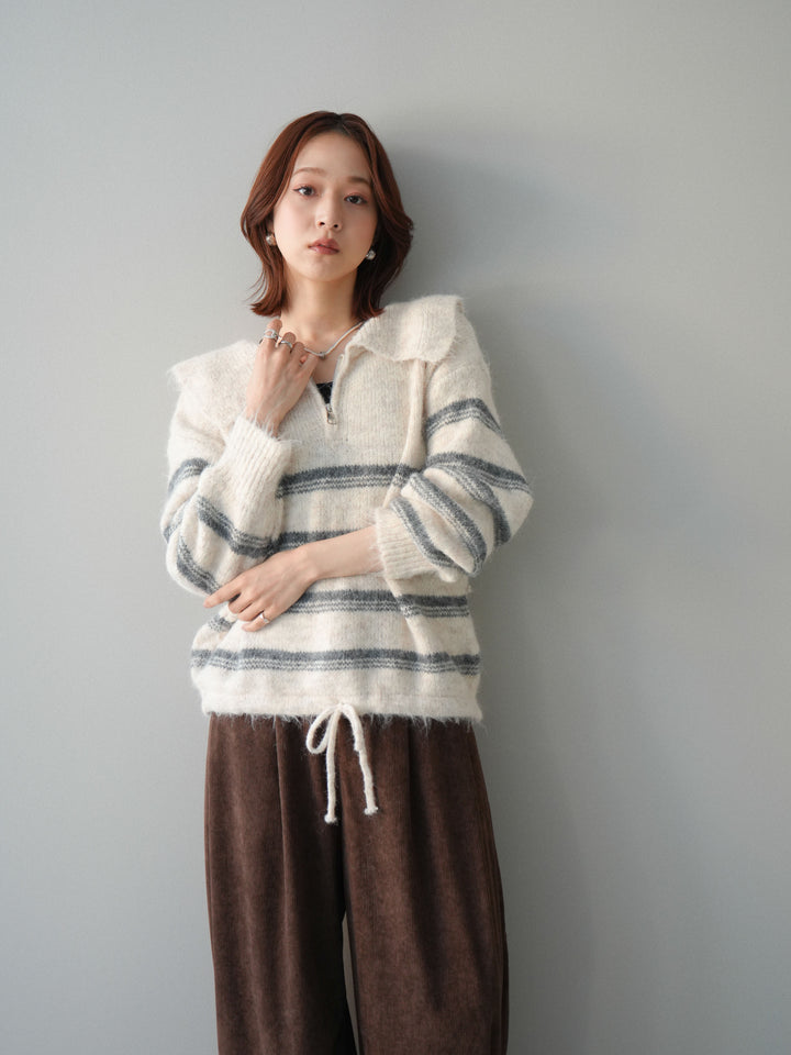 [SET]ハーフジップボーダーニットプルオーバー+コーデュロイサイドタックコクーンパンツ(2set)