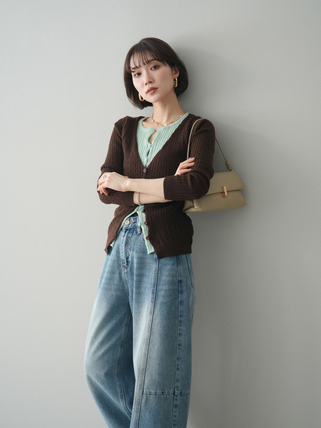 [予約]バイカラーレイヤードニットカーディガン/brown