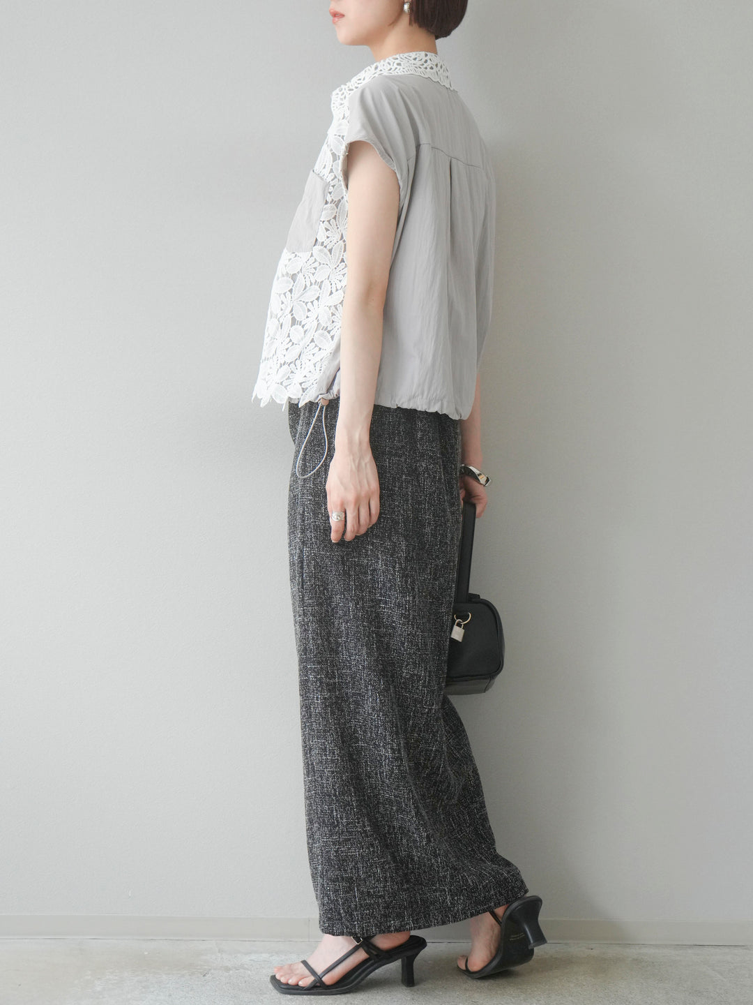 [予約]サマーツイードタックサイドスリットスカート/ブラックホワイト