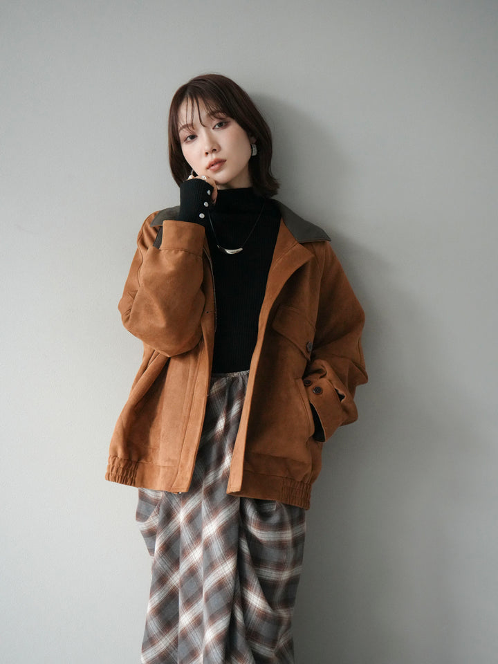 [予約]デザインポケットレザー襟スウェードジャケット/キャメル