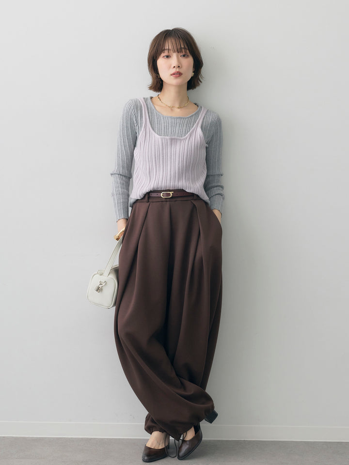 [SET]レイヤードデザインランダムリブニットトップス+ボンディングドロストタックパンツ(2set)